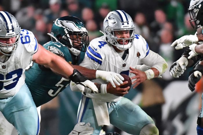 Nov 5, 2023; Philadelphia, Pennsylvania, USA; Philadelphia Eagles defensive end Brandon Graham (55) sacks Dallas Cowboys quarterback Dak Prescott (4) during the fourth quarter at Lincoln Financial Field. Mandatory Credit: Eric Hartline-USA TODAY Sports